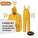 Pioneer Waterproof PVC Work Suit for Men – Repel Rain Gear Yellow Safety Jacket and Bib Pants - 3 PC Set With Detectable Hood SUREWERX