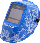 Jackson Safety Premium Auto Darkening Welding Helmet 3/10 Shade Range, 1/1/1/1 Optical Clarity, 1/20,000 sec. Response Time, 370 Speed Dial Headgear, Reapers N' Roses Graphics, Blue/White, 47104 SUREWERX