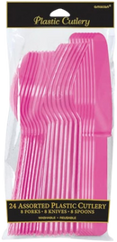 Assorted Bright Pink Plastic Cutlery (Pack of 24)
