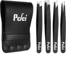 Pefei Tweezers Set - Professional Stainless Steel Tweezers for Eyebrows - Great Precision for Facial Hair, Splinter and Ingrown Hair Removal (Black)