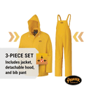 Pioneer Waterproof PVC Work Suit for Men – Repel Rain Gear Yellow Safety Jacket and Bib Pants - 3 PC Set With Detectable Hood SUREWERX