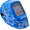 Jackson Safety Premium Auto Darkening Welding Helmet 3/10 Shade Range, 1/1/1/1 Optical Clarity, 1/20,000 sec. Response Time, 370 Speed Dial Headgear, Reapers N' Roses Graphics, Blue/White, 47104 SUREWERX
